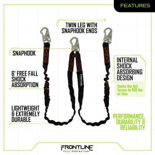 Frontline LIS62S Combat™ 6' Double Leg Snaphook Lanyard with Internal Shock Absorber