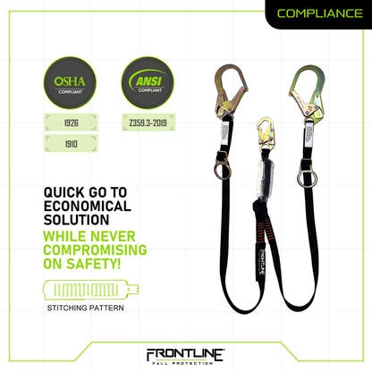 Frontline LPO62RADJ Combat™ 6' Tie-Back Double Leg Shock Absorbing Lanyard with Rebar Hooks
