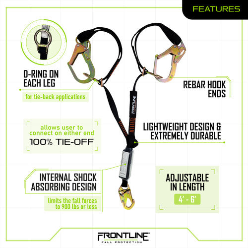 Frontline LPO62RADJ Combat™ 6' Tie-Back Double Leg Shock Absorbing Lanyard with Rebar Hooks