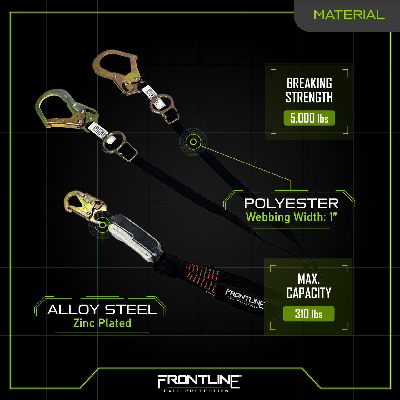 Frontline LPO62RADJ Combat™ 6' Tie-Back Double Leg Shock Absorbing Lanyard with Rebar Hooks
