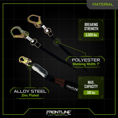 Frontline LPO62RADJ Combat™ 6' Tie-Back Double Leg Shock Absorbing Lanyard with Rebar Hooks