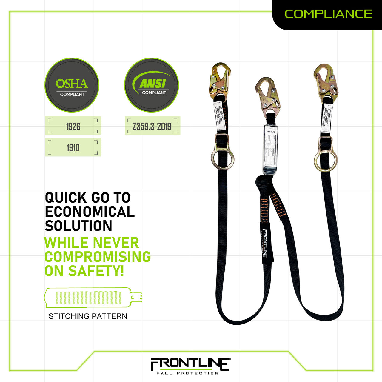 Frontline LPO62SADJ Combat™ 6' Tie-Back Double Leg Shock Absorbing Lanyard with Snaphooks