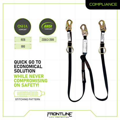 Frontline LPO62SADJ Combat™ 6' Tie-Back Double Leg Shock Absorbing Lanyard with Snaphooks