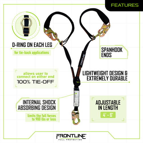 Frontline LPO62SADJ Combat™ 6' Tie-Back Double Leg Shock Absorbing Lanyard with Snaphooks