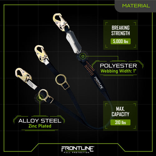 Frontline LPO62SADJ Combat™ 6' Tie-Back Double Leg Shock Absorbing Lanyard with Snaphooks