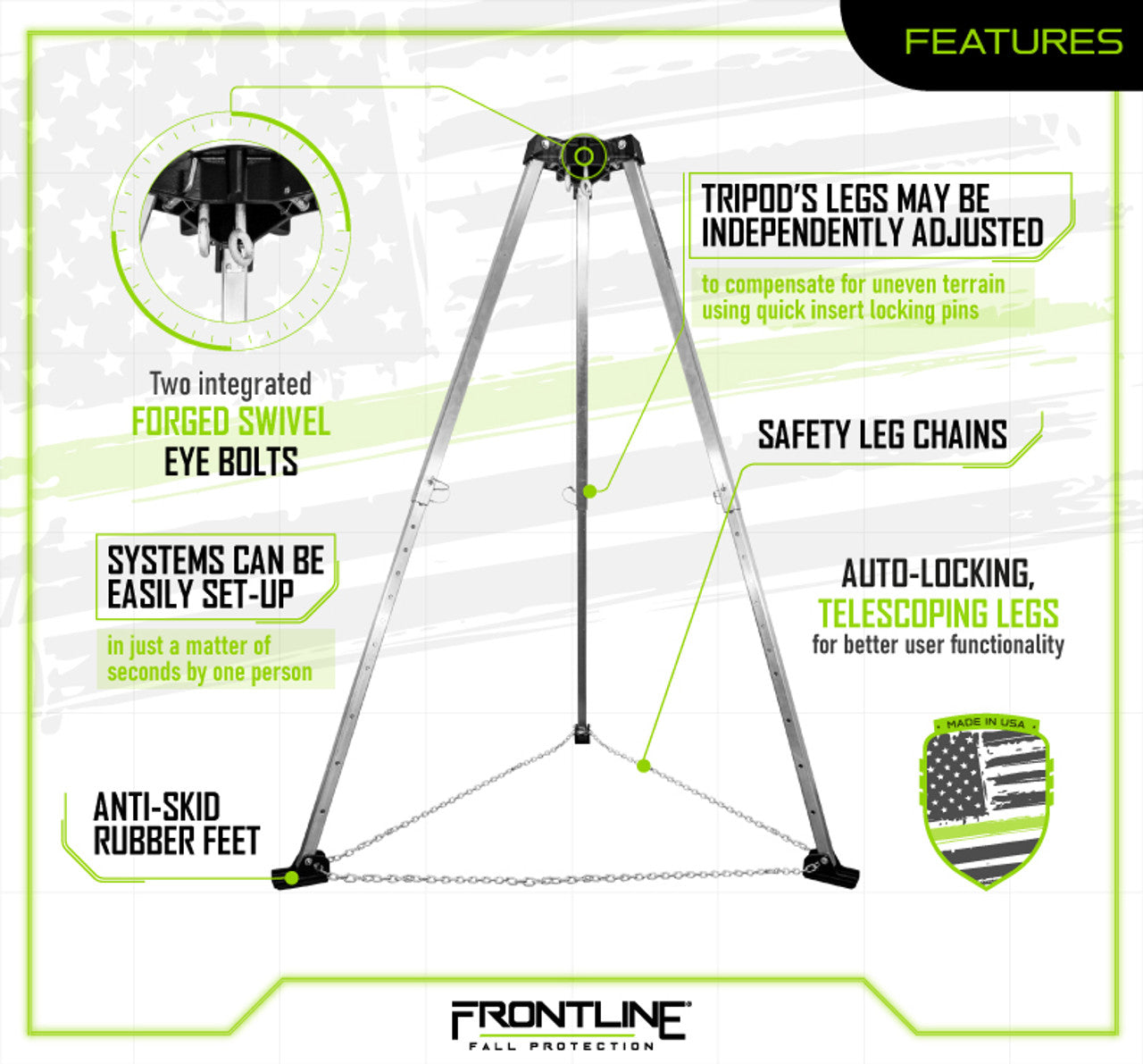 Frontline TAN07-US Patriot™ 7' Confined Space Aluminum Tripod - Made in USA