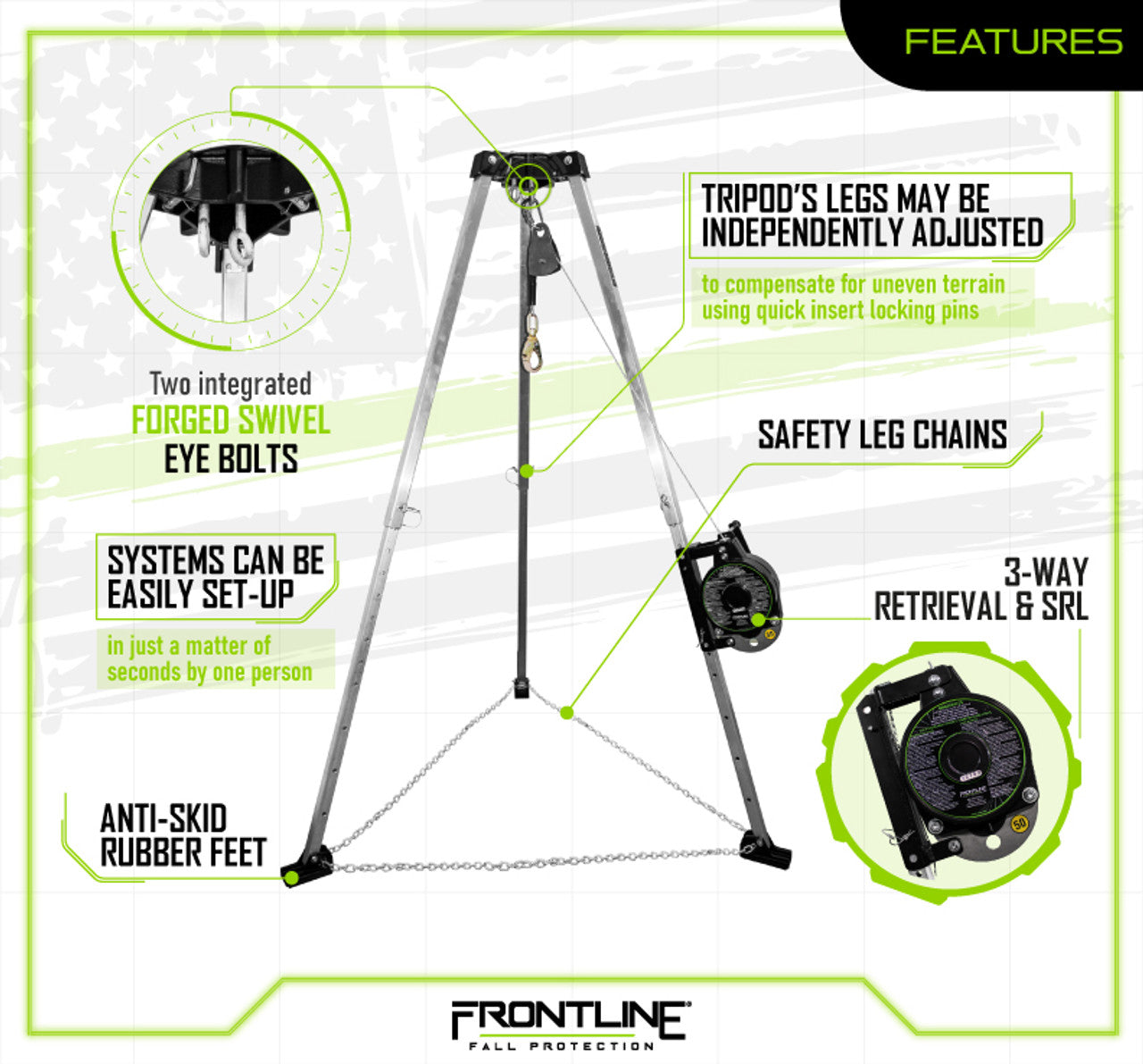 Frontline TAN07RA-US Patriot™ 7' Confined Space Tripod with 3-Way Retrieval System - Made in USA