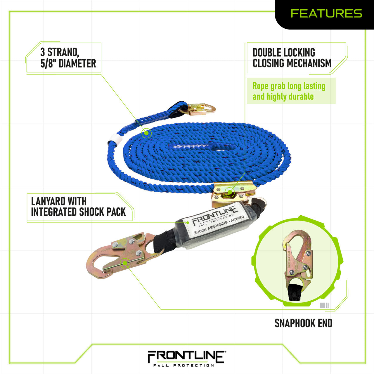 Frontline VLP50R3L-AM American Style Vertical Lifeline with 12" Shock Absorbing Lanyard and Manual Rope Grab (50')