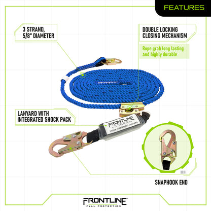 Frontline VLP50R3L-AM American Style Vertical Lifeline with 12" Shock Absorbing Lanyard and Manual Rope Grab (50')