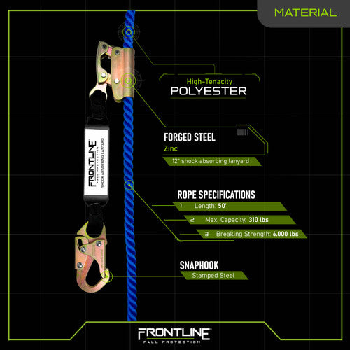 Frontline VLP50R3L-AM American Style Vertical Lifeline with 12" Shock Absorbing Lanyard and Manual Rope Grab (50')