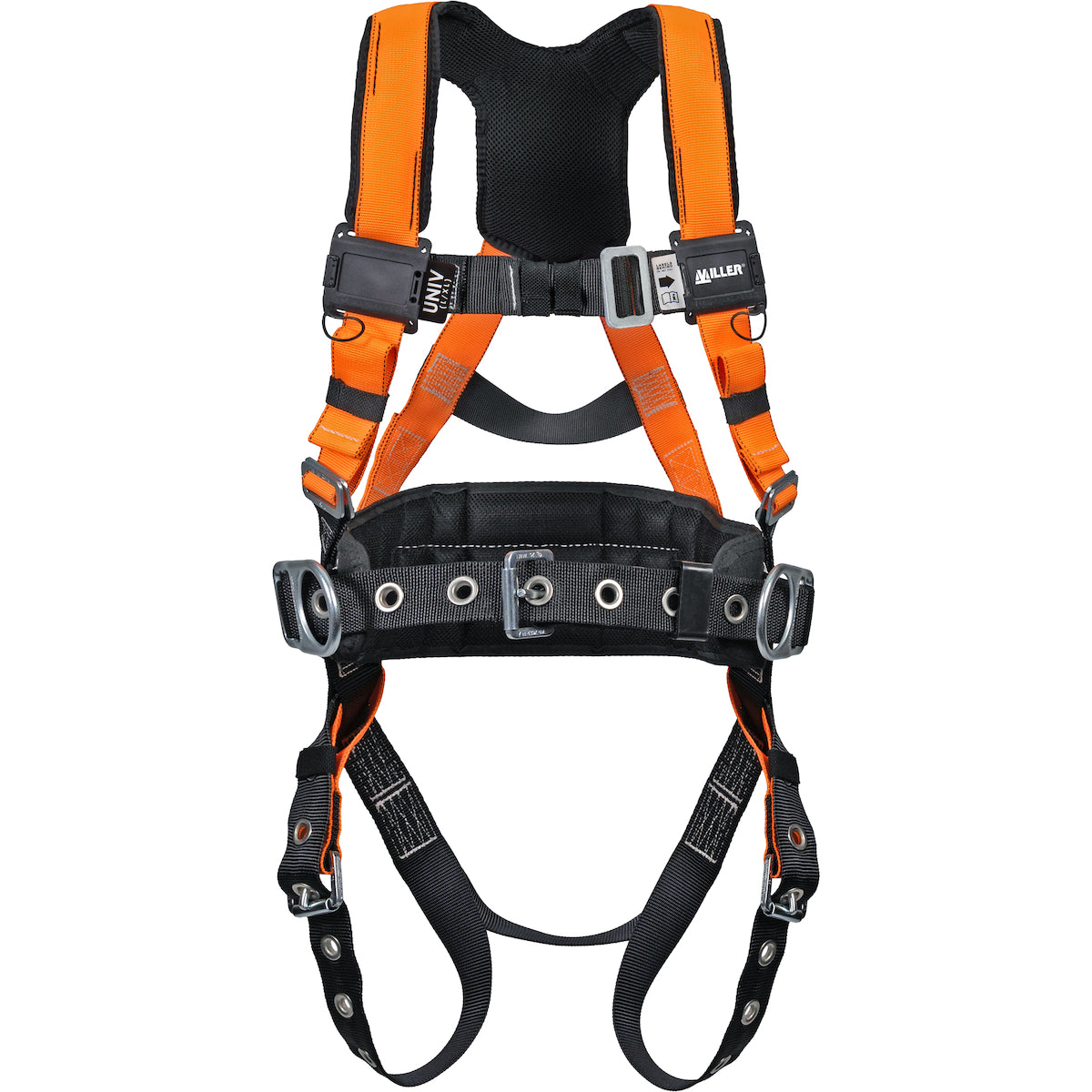 Miller T4777 – Contractor Full-Body Harness with Hi‑Viz Webbing, PFL/SRL Connector, Upgraded Lumbar Pad with Back and Side D‑Rings with Tongue Leg Buckles