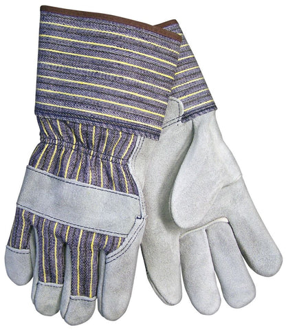 Split Leather Palm Work Gloves, Plasticized Safety Cuff, Striped Fabric Back