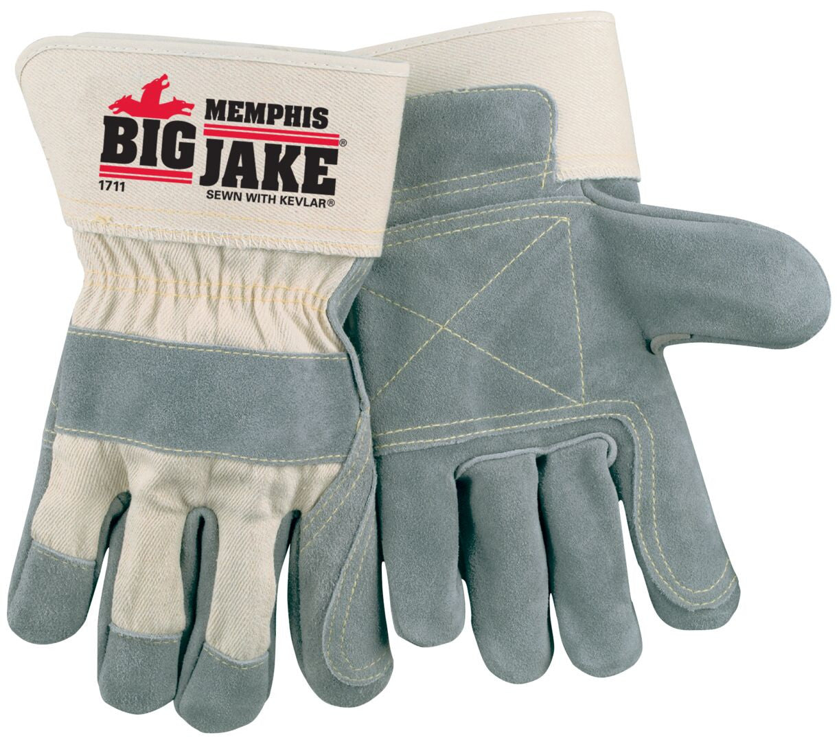 Big Jake Double Palm Cowhide Split Leather Gloves, Kevlar Thread, Safety Cuff