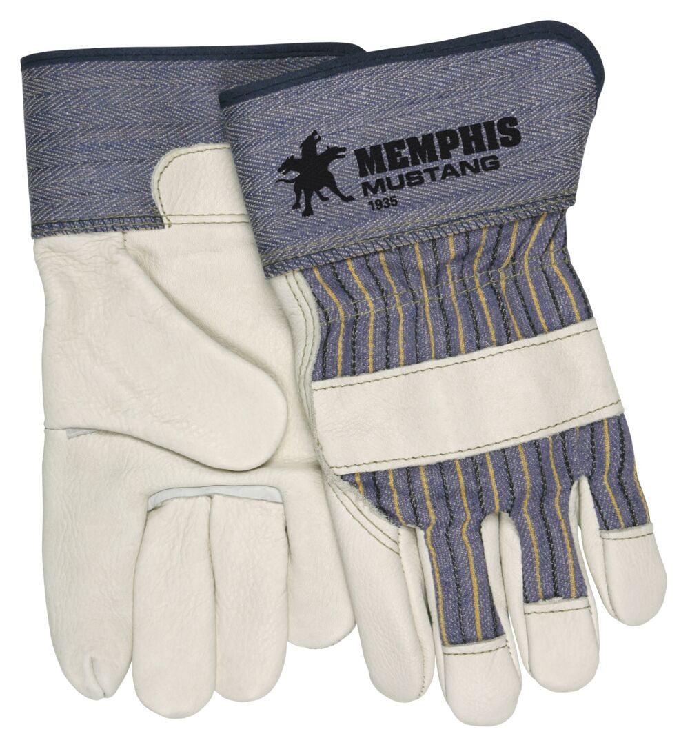 Mustang Grain Cowhide Leather Palm Gloves, Safety Cuff, Wing Thumb