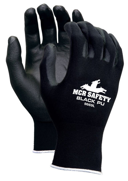 13-Gauge Nylon Gloves, Black PU-Coated Palm and Fingers, Knit Wrist