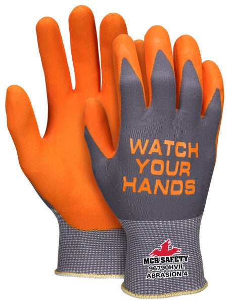 Hi-Visibility Nitrile Foam Palm Gloves, 15-Gauge Nylon Shell, "Watch Your Hands" Logo