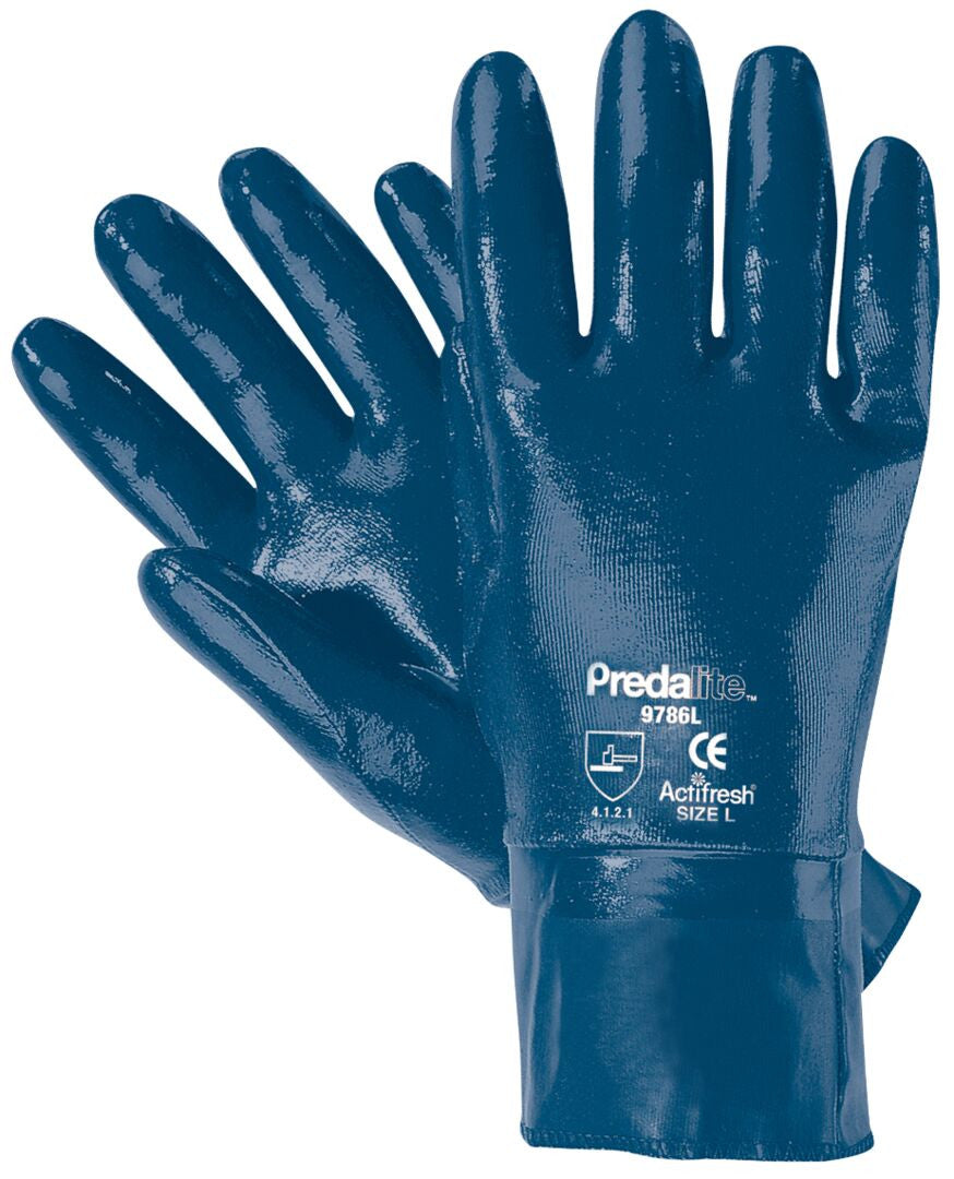 Predalite Nitrile Fully Coated Gloves, Interlock Liner, PVC Safety Cuff