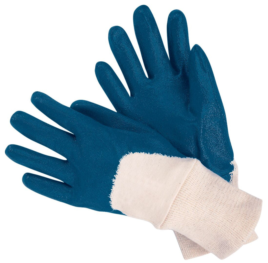 Nitrile-Dipped Work Gloves, Over-the-Knuckle Coating, Knit Wrist, Interlock Lining