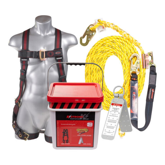 KStrong® 50 ft. Roofers Kit with Elite 5-Point TB Leg Harness Size M-L, Rope, Rope Grab Assembly, Reusable Roof Anchor, Bucket and Lid