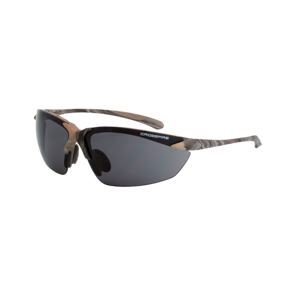 Crossfire SNIPER - Premium Safety Eyewear - Crystal Brown Frame - HD Brown Mirror Lens - Woodland Brown Camo / Smoke