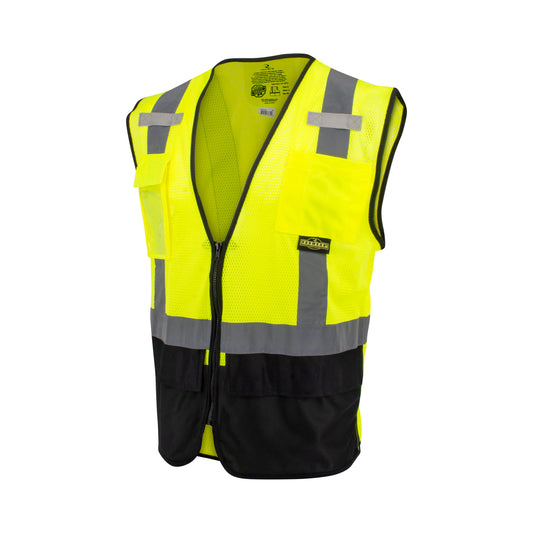 Radians SV75B-2 - Black Bottom Self-Extinguishing Surveyor Vest - Hi-Vis Green / Black