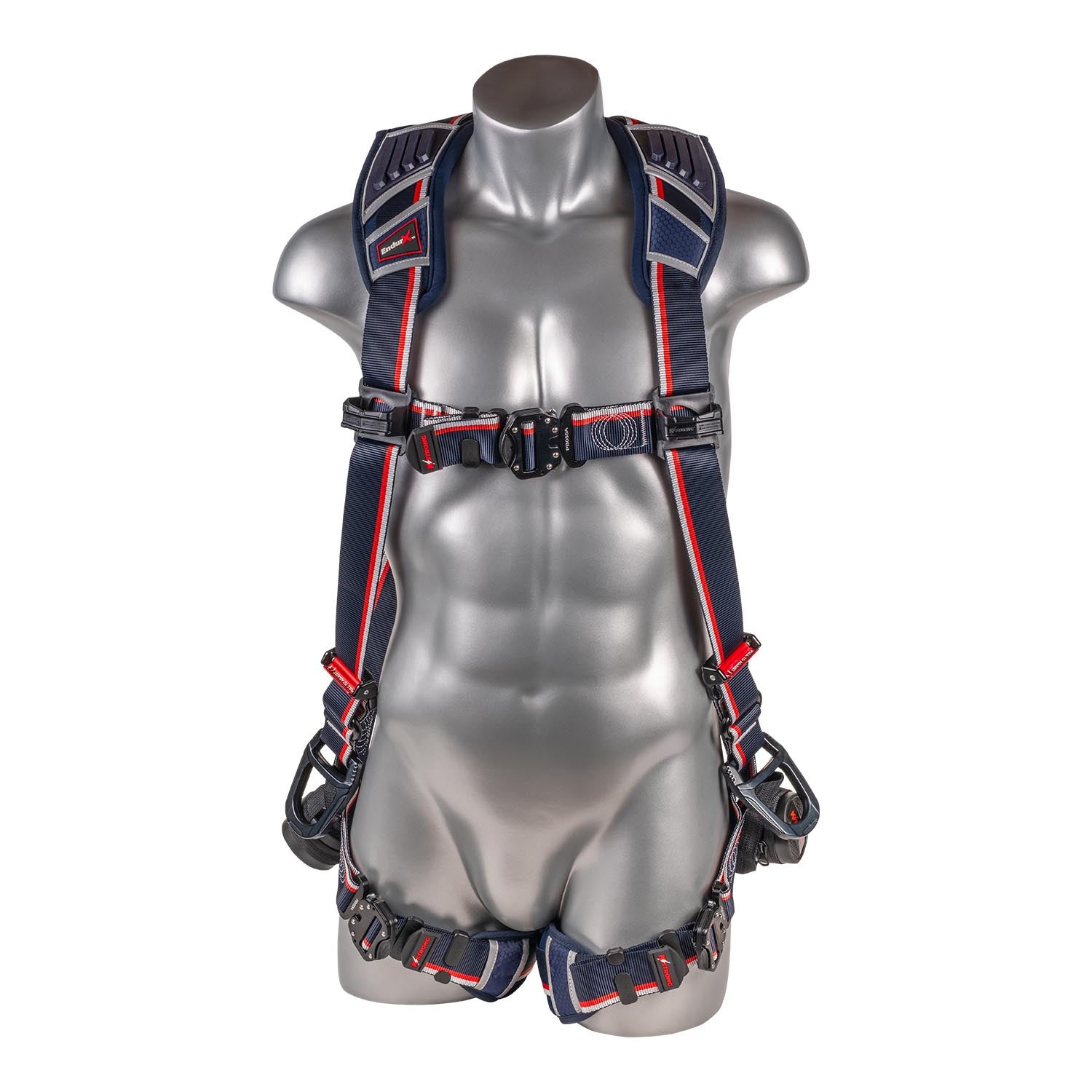 KStrong® EndurX™ 5-Point Full Body Harness, Abrasion Resistant Shoulder Pad, Deluxe Leg Pads, Enhanced Dorsal D-ring Plus™, Side D-rings, Quick Slide Adjusters, Trauma Relief Straps, QC Chest/Legs, All Aluminum Hardware (ANSI)