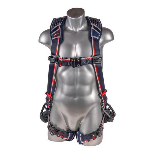 KStrong® EndurX™ 5-Point Full Body Harness, Abrasion Resistant Shoulder Pad, Deluxe Leg Pads, Enhanced Dorsal D-ring Plus™, Side D-rings, Quick Slide Adjusters, Trauma Relief Straps, QC Chest/Legs, All Aluminum Hardware (ANSI)