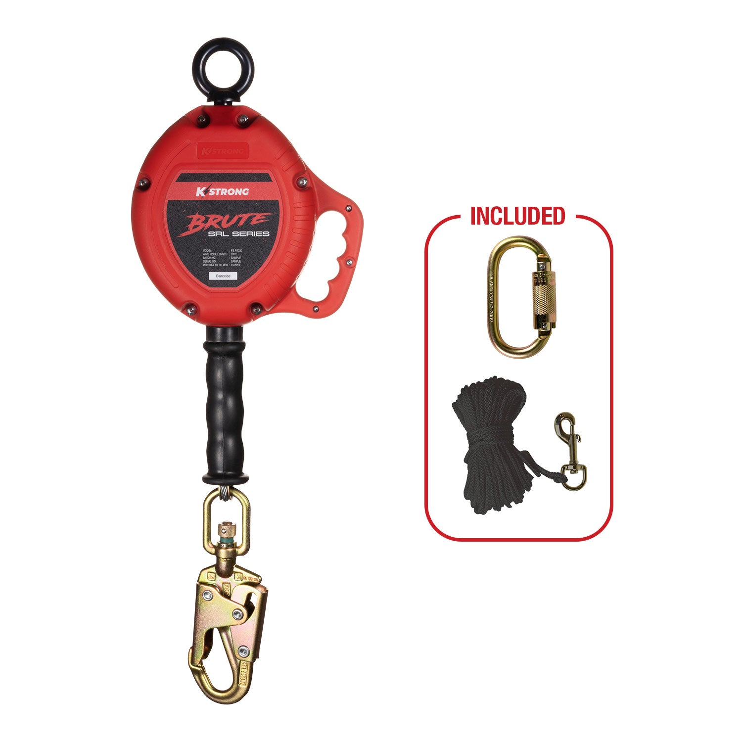 KStrong® BRUTE™ 20 ft. Galvanized Steel Cable SRL with Swivel Snap Hook. Includes Installation Carabiner and Tagline (ANSI)