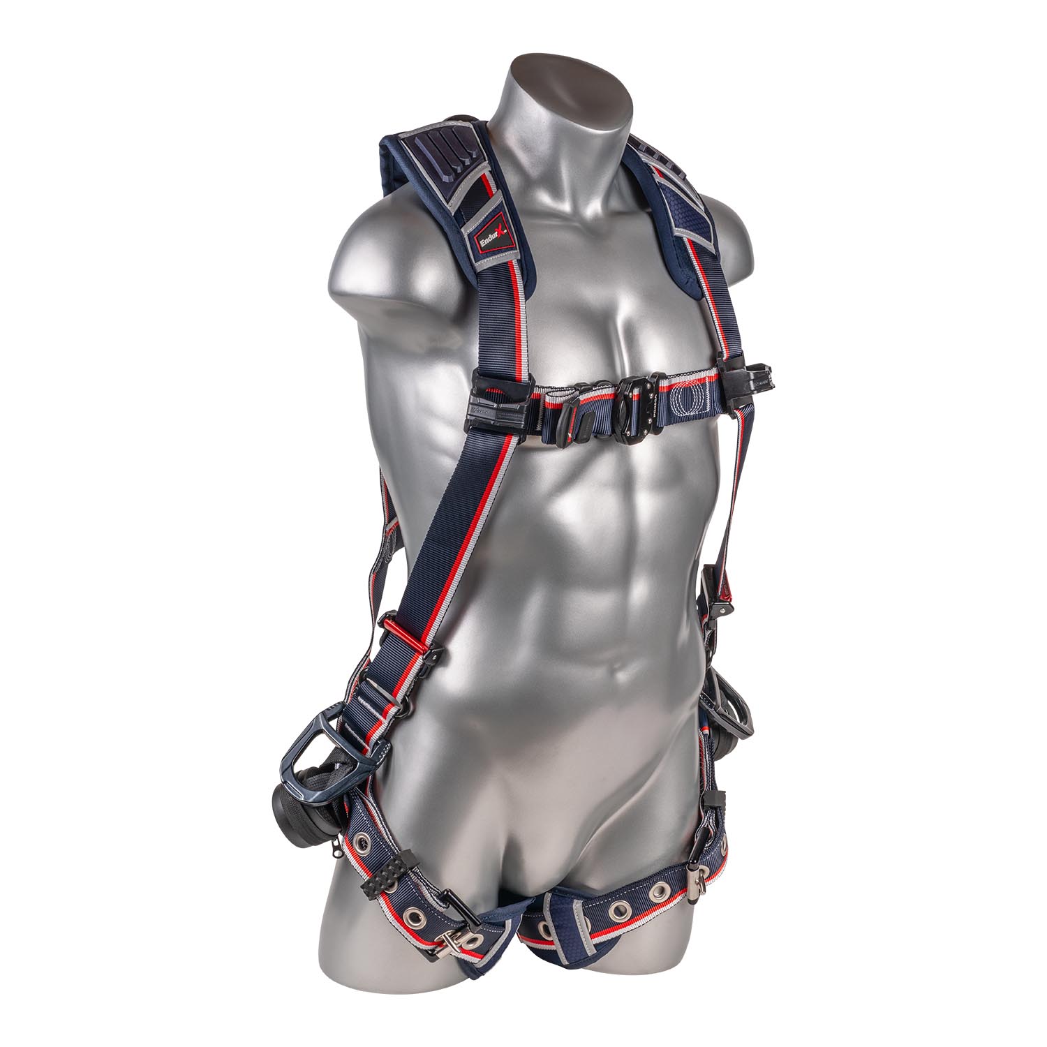 KStrong® EndurX™ 5-Point Full Body Harness, Abrasion Resistant Shoulder Pad, Deluxe Leg Pads, Enhanced Dorsal D-ring Plus™, Side D-rings, Quick Slide Adjusters, Trauma Relief Straps, QC Chest, TB Legs (SS), All Aluminum Hardware (ANSI)