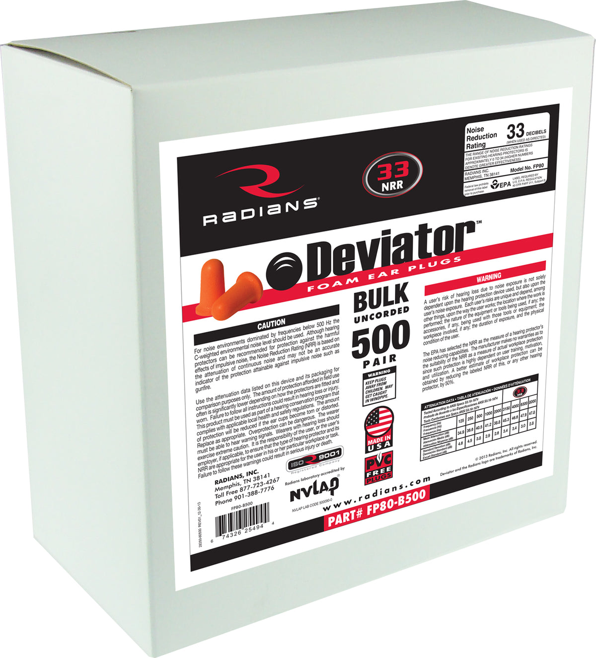 Radians FP80-B500 - Deviator® Foam Uncorded Earplug Dispenser Refill - 500 Pair - Orange