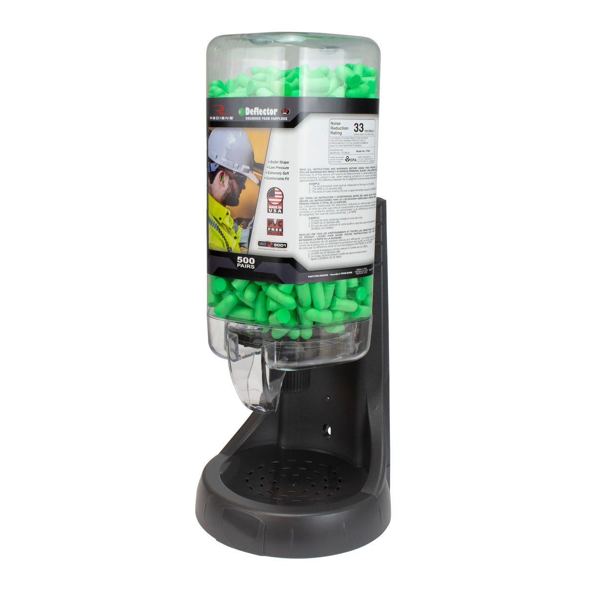 Radians FPD-500L90 - Refillable Dispenser with Deflector® FP90 Plugs - 500 Pair - Green