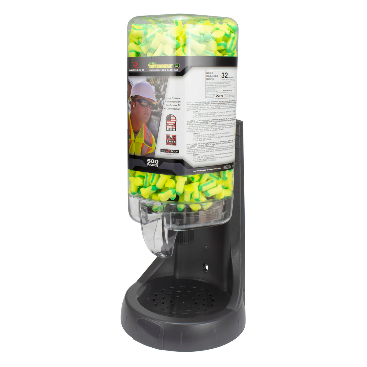 Radians FPD-500L34 - Refillable Dispenser with Deterrent® FP34 Plugs - 500 Pair - Green / Yellow