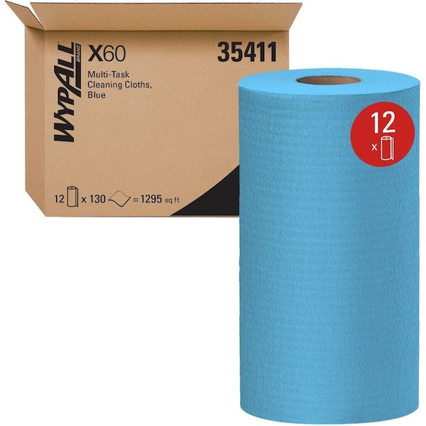WypAll GeneralClean X60 Multi-Task Cleaning Cloths, Blue, 130/Roll, 12 Rolls/Case - 35411