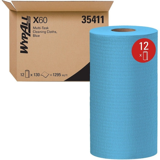 WypAll GeneralClean X60 Multi-Task Cleaning Cloths, Blue, 130/Roll, 12 Rolls/Case - 35411
