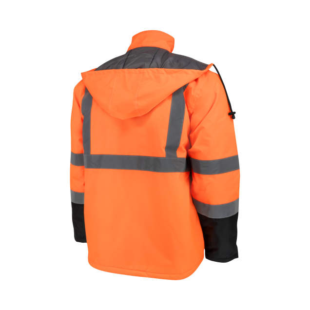 Orange safety jacket with reflective stripes on a white background