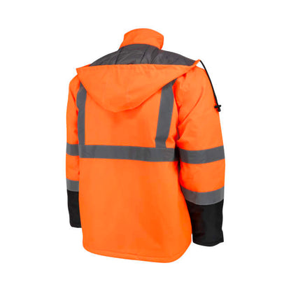 Orange safety jacket with reflective stripes on a white background