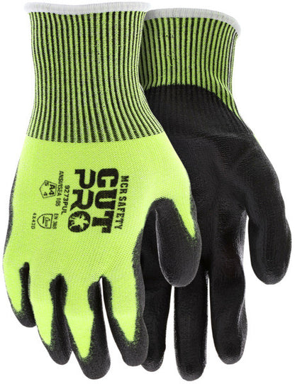9273PU - MCR Safety CutPro® - 13 Gauge HyperMax® HPPE Shell - Hi Vis Cut Resistant Work Gloves - Polyurethane (PU) Coated Palm and Fingertips - Black PU Palm hides Dirt and Grime