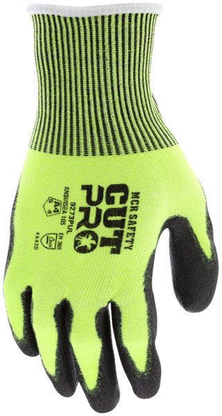 9273PU - MCR Safety CutPro® - 13 Gauge HyperMax® HPPE Shell - Hi Vis Cut Resistant Work Gloves - Polyurethane (PU) Coated Palm and Fingertips - Black PU Palm hides Dirt and Grime