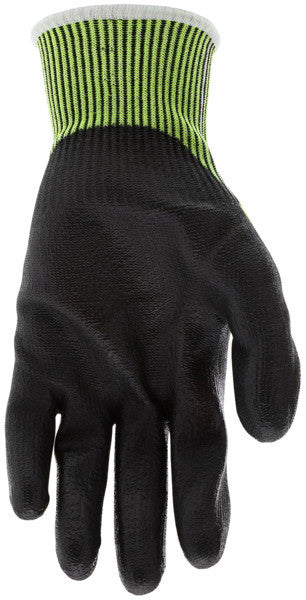 9273PU - MCR Safety CutPro® - 13 Gauge HyperMax® HPPE Shell - Hi Vis Cut Resistant Work Gloves - Polyurethane (PU) Coated Palm and Fingertips - Black PU Palm hides Dirt and Grime