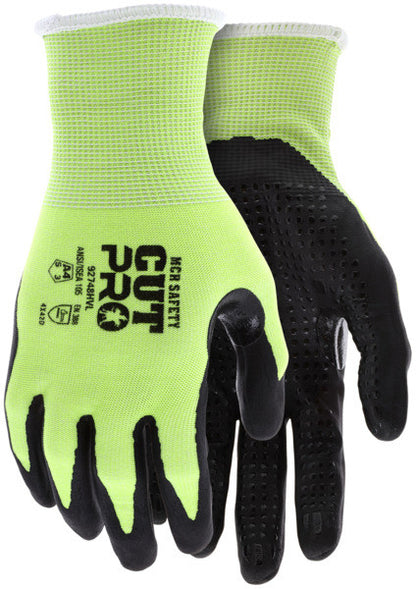 92748HV - MCR Safety CutPro® - 18-Gauge HyperMax® HPPE Shell - Hi-Vis Cut Resistant Work Gloves - Nitrile Coated Palm and Fingertips - Nitrile Micro Dotted Palm - Reinforced Thumb Crotch