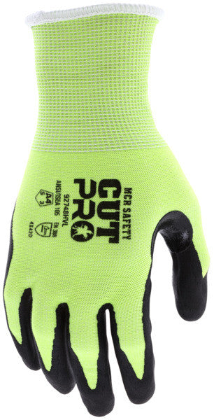 92748HV - MCR Safety CutPro® - 18-Gauge HyperMax® HPPE Shell - Hi-Vis Cut Resistant Work Gloves - Nitrile Coated Palm and Fingertips - Nitrile Micro Dotted Palm - Reinforced Thumb Crotch
