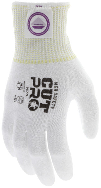 9677 - MCR Safety CutPro® - 13 Gauge Dyneema® Diamond Technology Shell - Cut Resistant Work Gloves - White Polyurethane (PU) Coated Palm and Fingertips - Micro-Particle Boosted High Strength Fiber Provides Cool-touch, Comfort and Maximum Durability