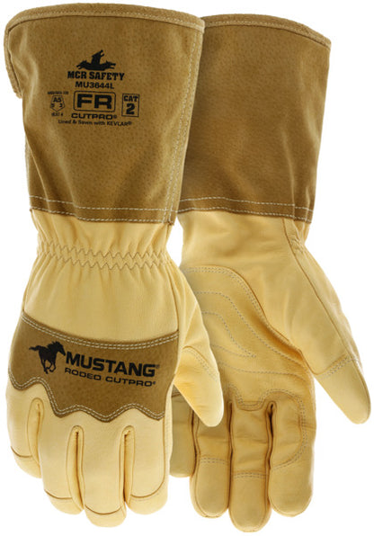 MU3644 - Mustang Rodeo CutPro® - Utility Leather Work Gloves - Premium A Grade Grain Goatskin - Double Palm - Sewn & Lined with DuPont™ Kevlar ® - 5 Inch Pigskin Leather Bell Cuff - Wing Thumb - This FR Glove has an Arc Rating of 24 cal/cm²