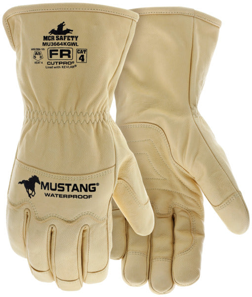 MU3664KGW - Mustang® HiDex Leather Utility Gloves - 4 Inch Gauntlet Cuff - Kevlar® Aramid Lined & Sewn - Waterproof Bladder - Premium A Grade Honey Gold Grain Goatskin - Reinforced Thumb & Index Finger - Double Palm - CAT4 FR - Arc Rating 50 cal/cm²