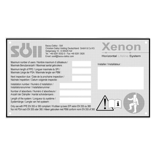 Miller 23820 Identification Plate for Xenon Permanent Horizontal Lifeline System Documentation