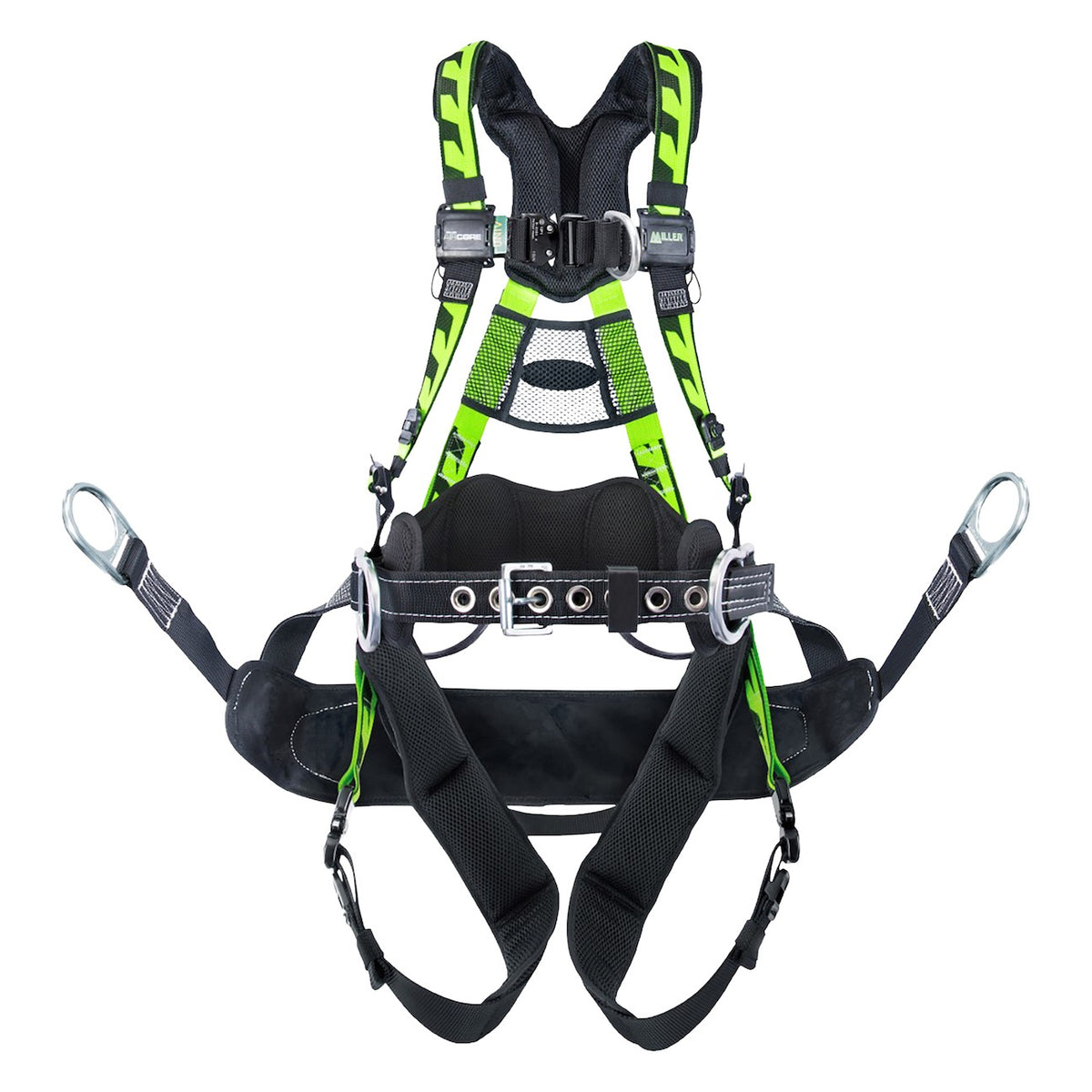 Miller AAT-QCBC Premium Tower Climbing Harness with Lightweight Aluminum Hardware, 5 Points of Adjustment, Back/Front/Side D-Rings, Removable Belt, Removable Bos'n Chair and Quick-Connect Chest & Leg Buckles