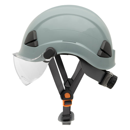 Fibre-Metal FSH100 Type I Non-Vented, Industrial Climbing Helmet with PC/ABS Shell, 6-Point Nylon Suspension, Wheel Ratchet Adjustment, Chinstrap and Pre-Installed PC Visor