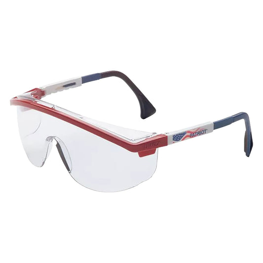 Uvex S1169C Wraparound Safety Glasses with Red/White/Blue Temple and Clear Lens, with Anti-Fog Coating
