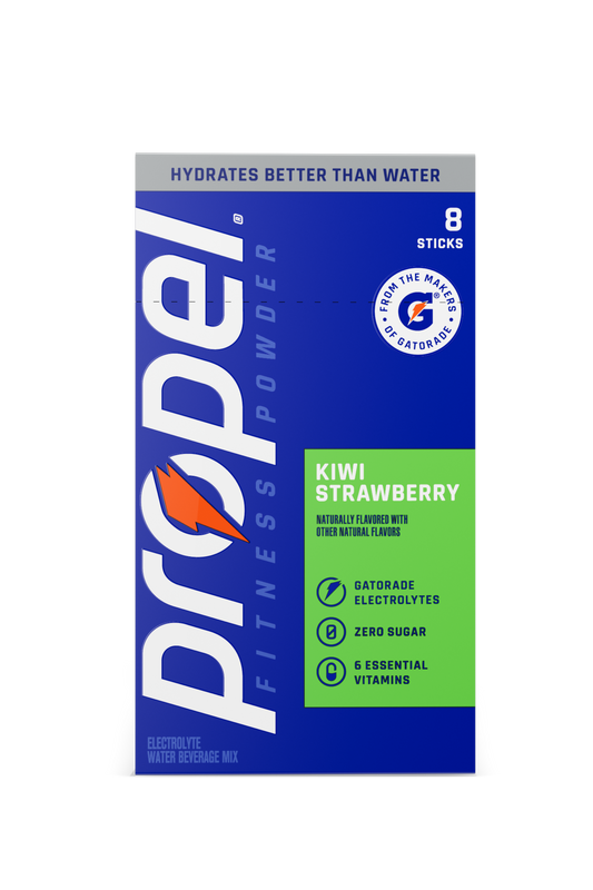 Propel Kiwi Strawberry electrolyte powder 8-stick carton and single stick