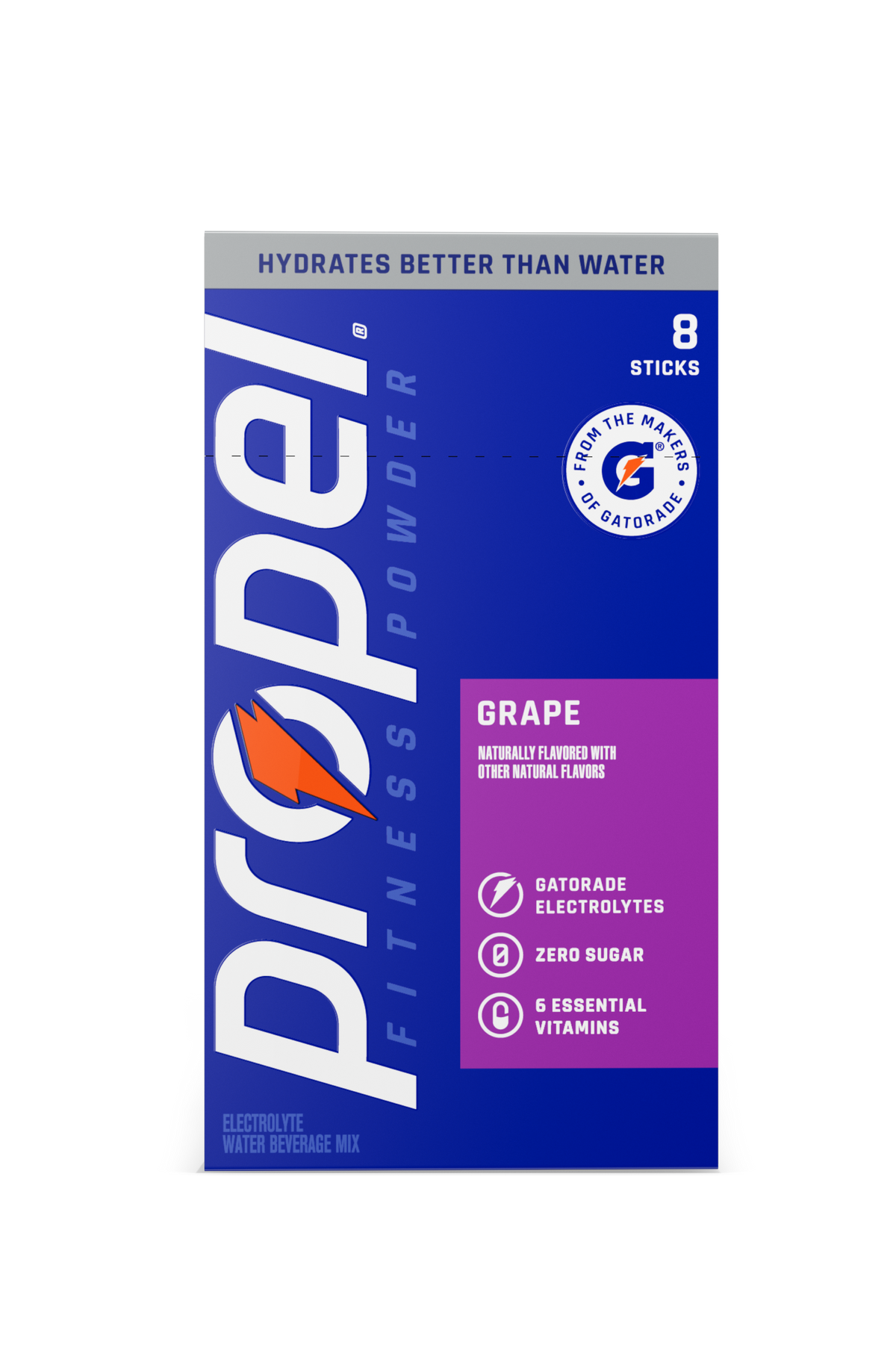 Propel Grape electrolyte powder 8-stick carton and single stick